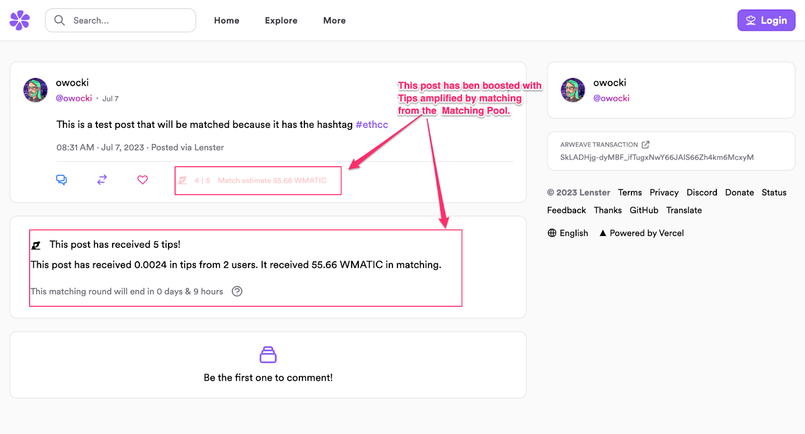 A post displaying tips and quadratic funding matching amounts